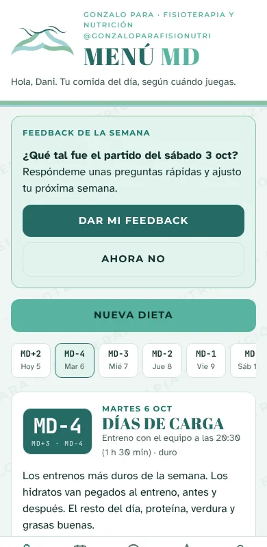 Pantalla de Menú MD con el menú de un día de partido